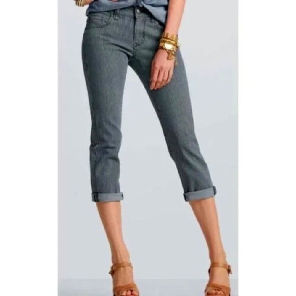 sz 0 CAbi 324 Johnny cropped striped Railroad Jeans Mid Rise Stretch Blue Denim